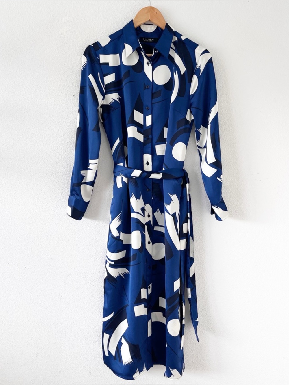 Lauren Ralph Lauren Blue Geometric-Print Satin Button Down Charmeuse Shirtdress - Picture 2 of 9